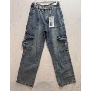 Simple Society‎ Cargo Jeans Women's Light Wash High Rise Pockets Elastic Waist